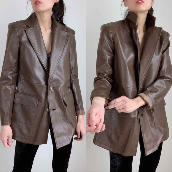 FRANKIE Faux leather Blazer Jacket s Dark Choco - Picture 3 of 10